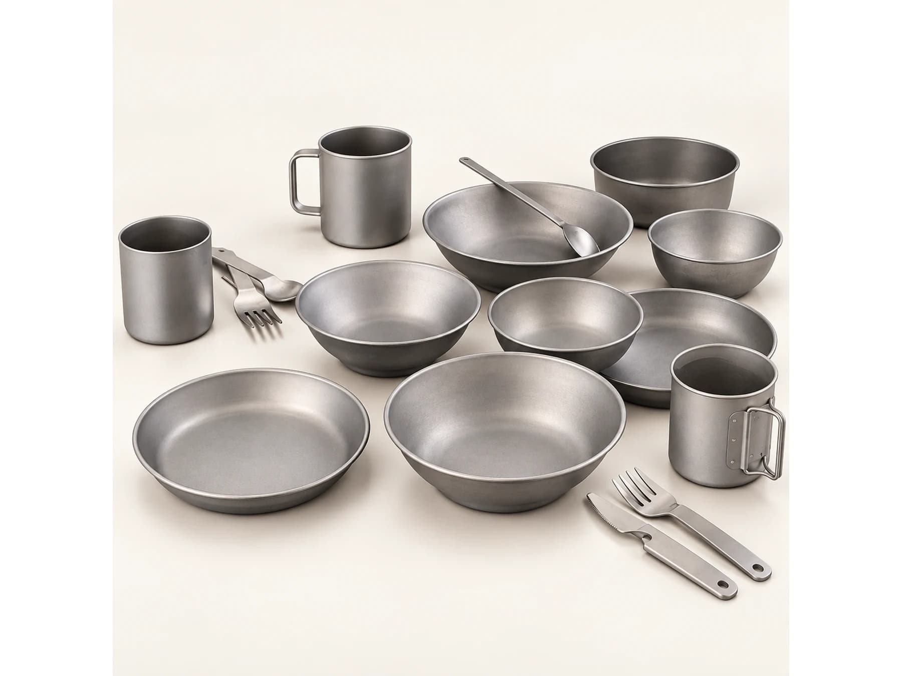 Titanium plates, bowls, and utensils in a controlled studio reference