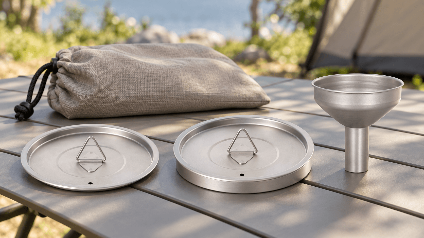 Titanium camping accessories arranged outdoors