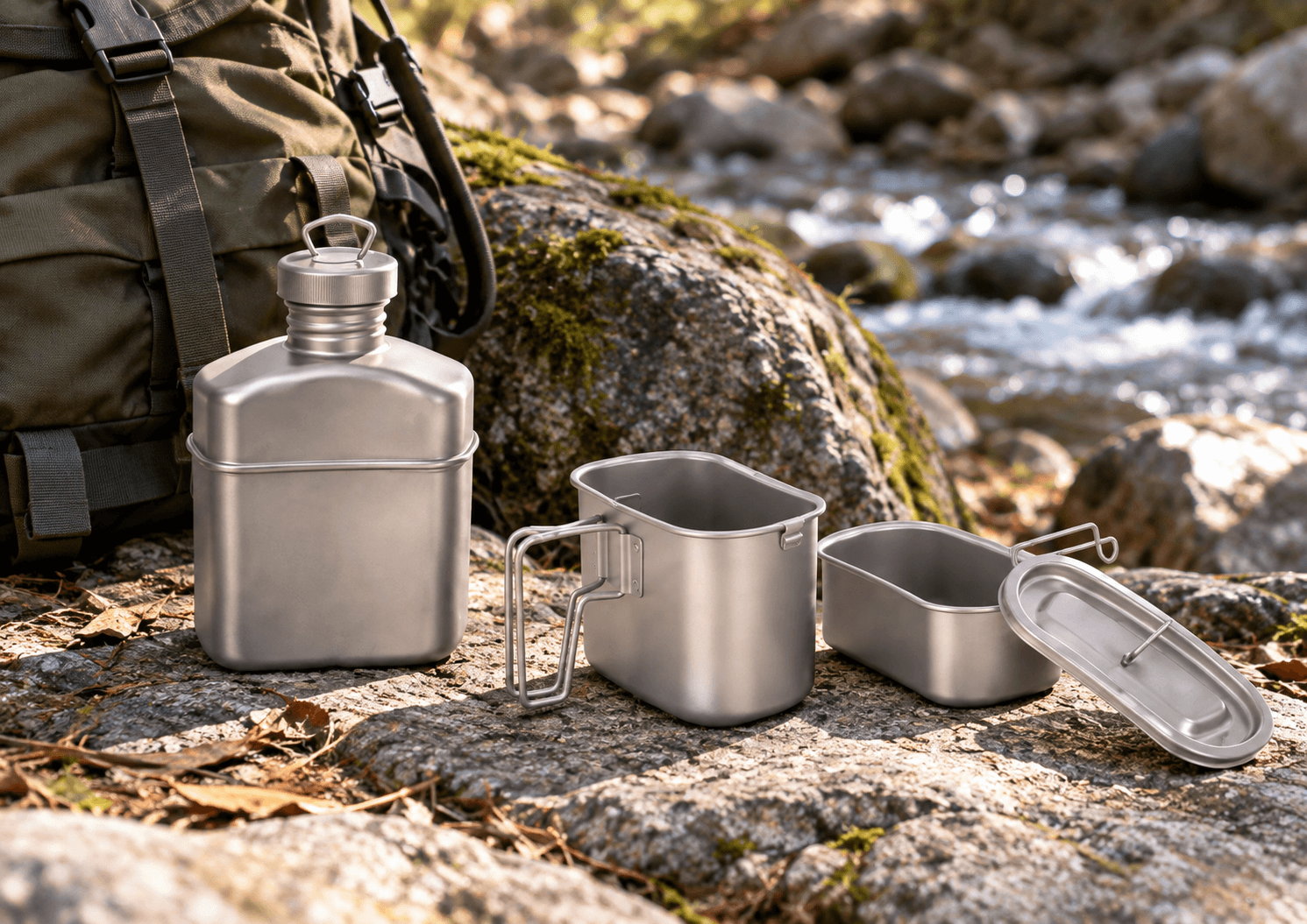Titanium canteen and field mess kit beside a backpack outdoors