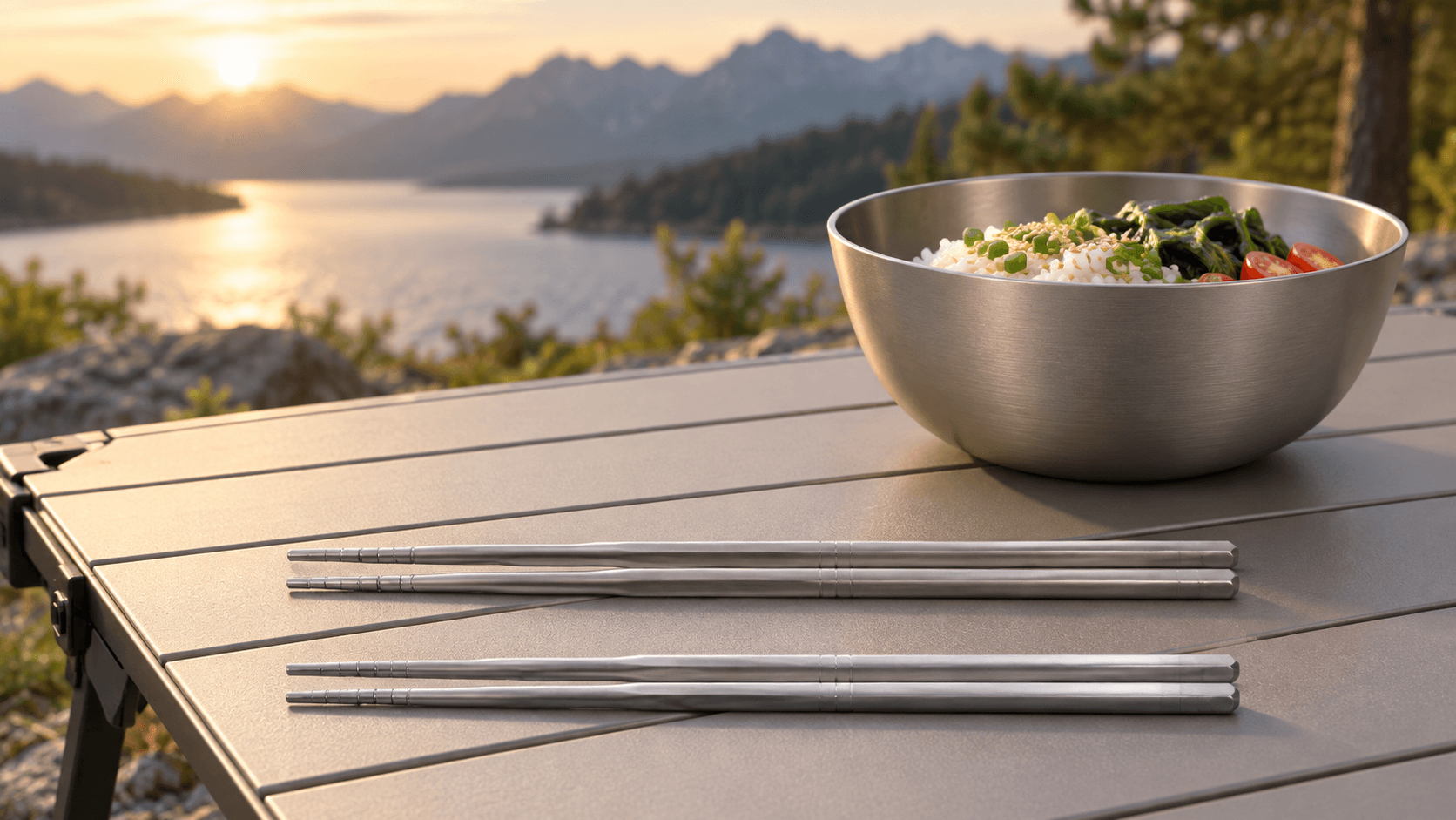 Titanium chopsticks in an outdoor dining setting