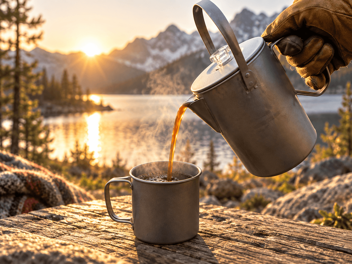 Illustrative outdoor coffee-pot and mug scene at a mountain campsite