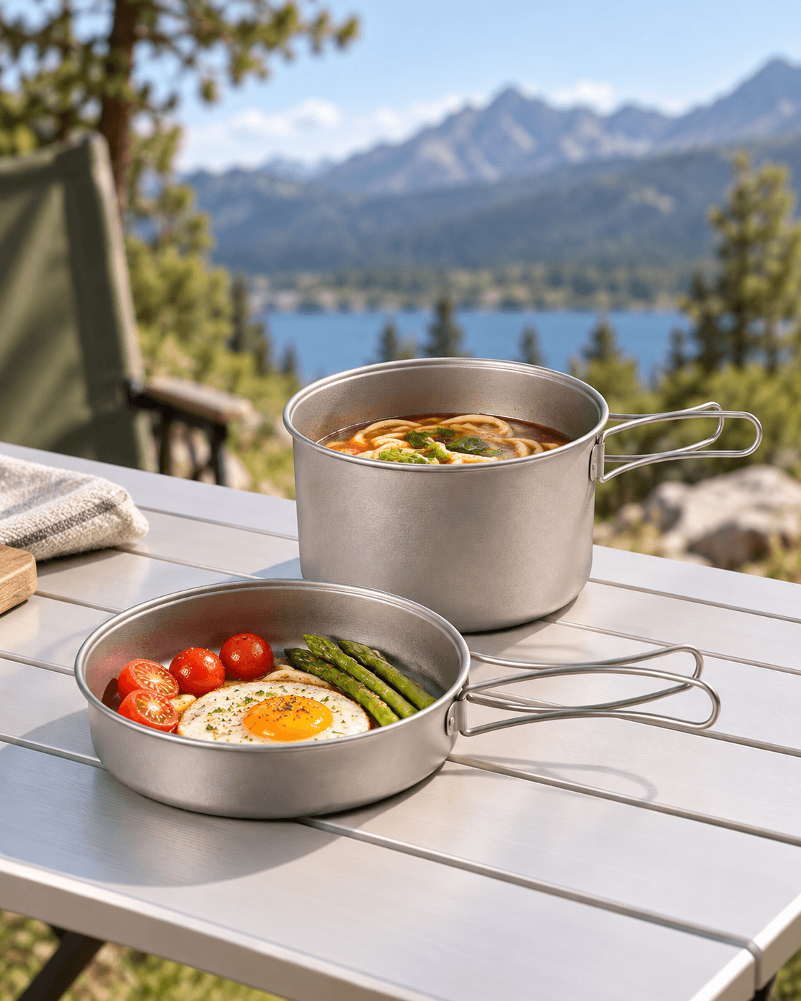 Titanium compact cookset with pot and pan at camp