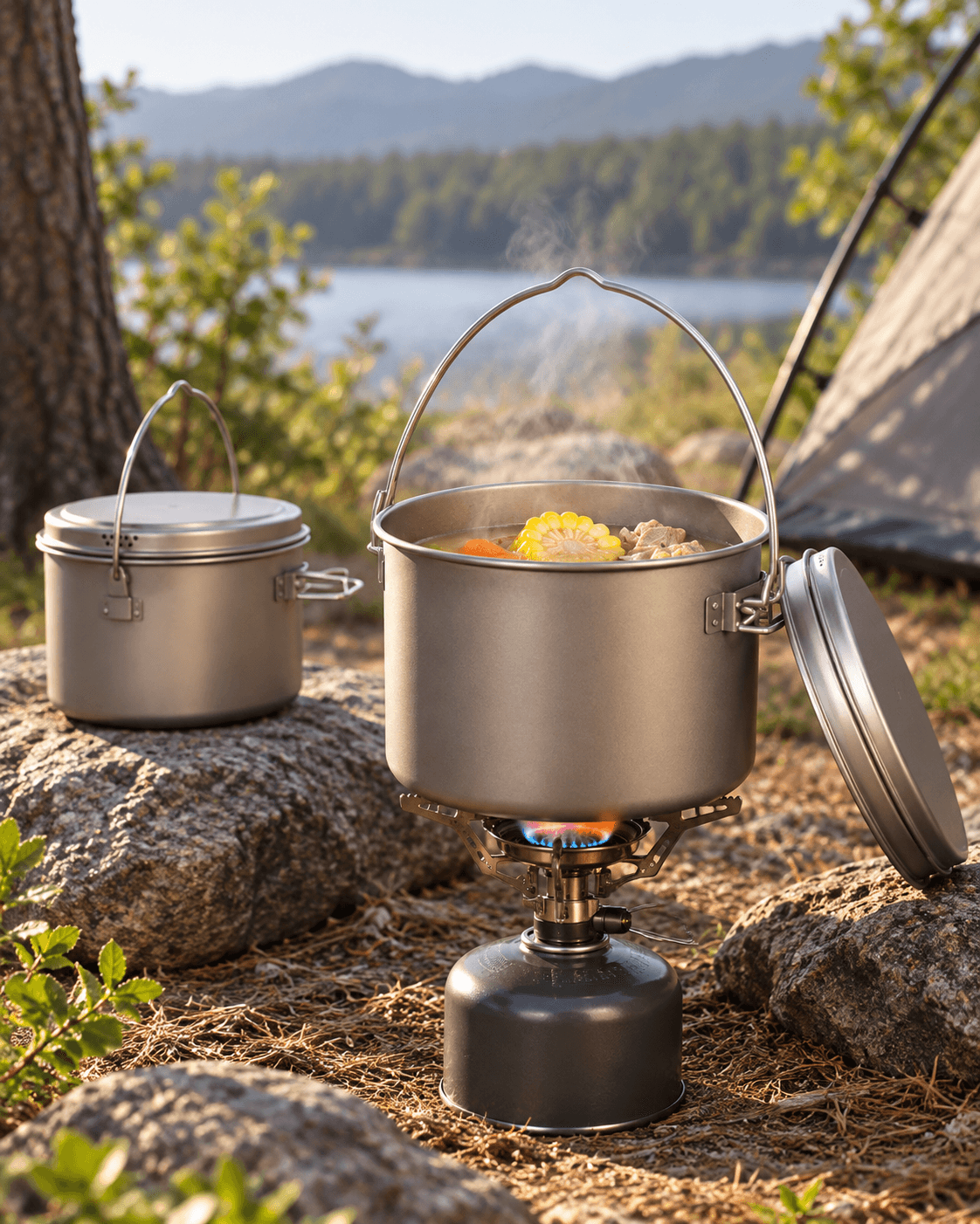 Titanium cooking pot platforms in an outdoor use scene