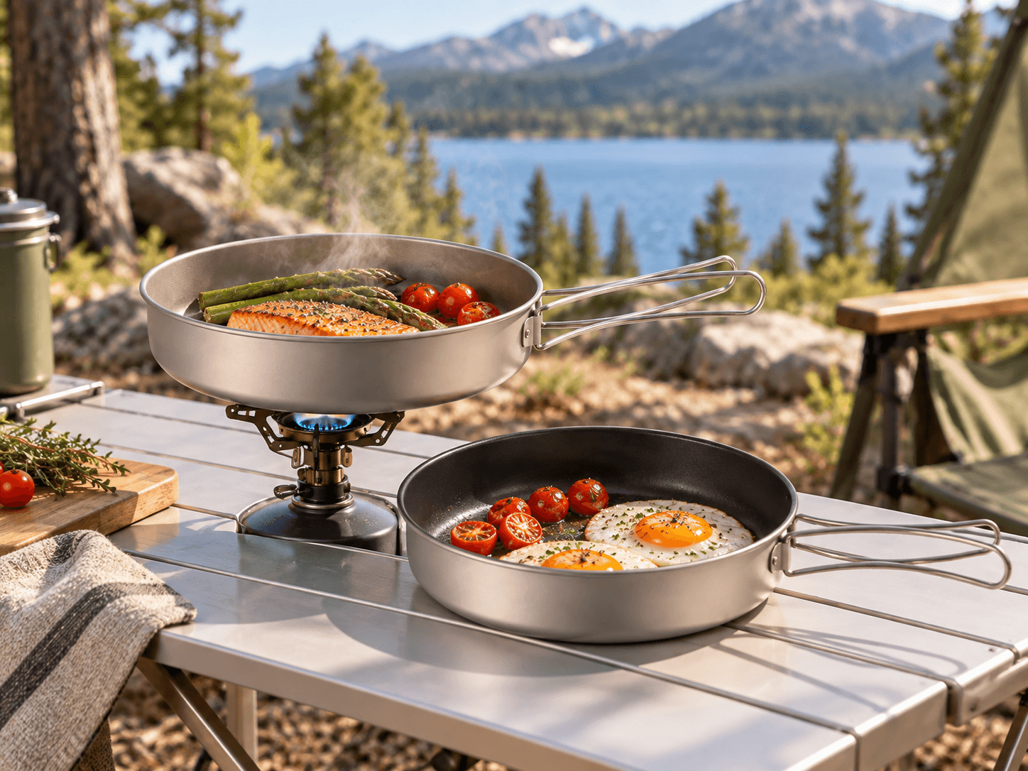 Illustrative outdoor scene with two titanium frying pans on a camp table