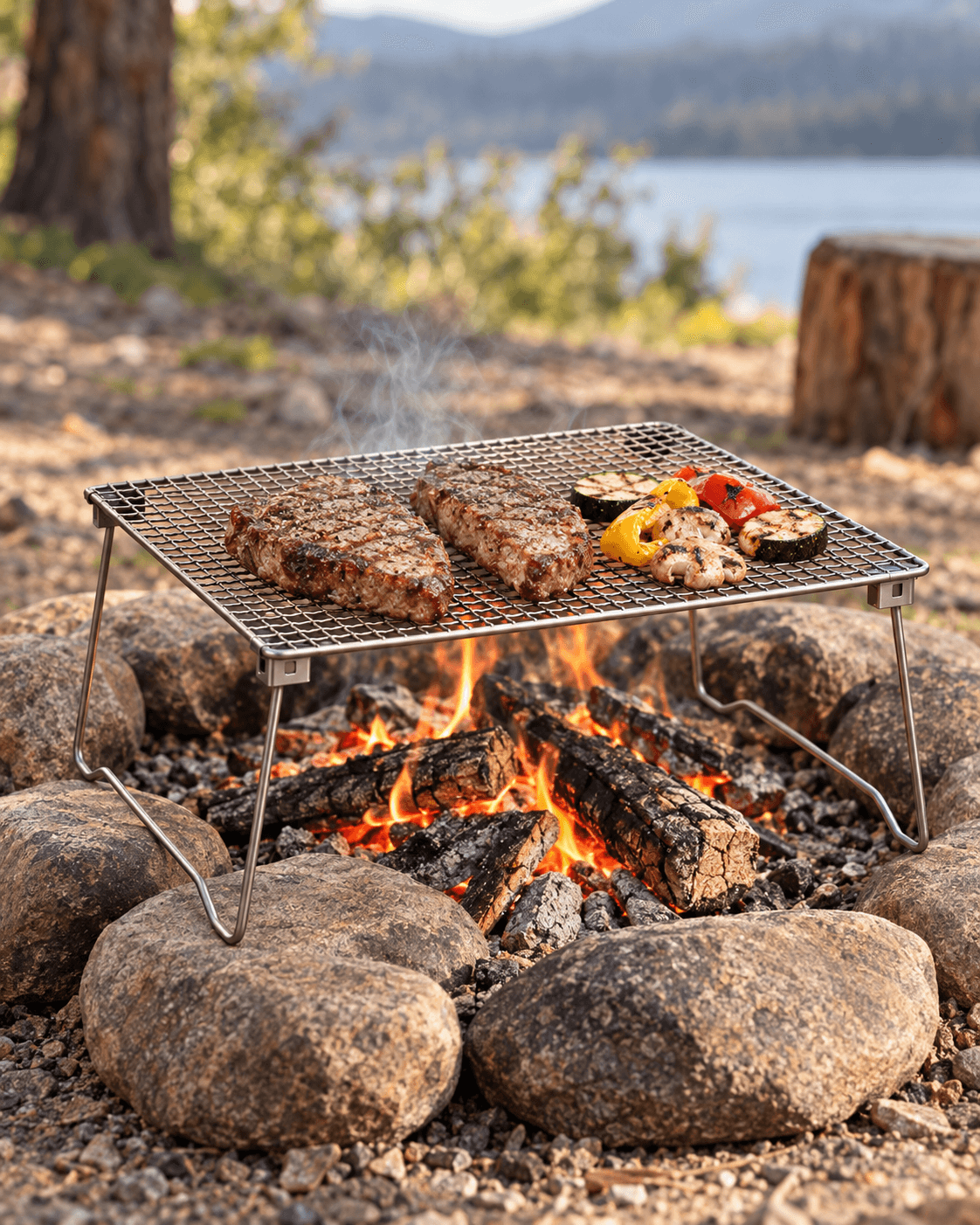 Titanium folding campfire grill in use