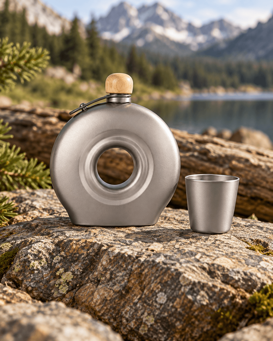 Titanium hip flask and shot cup on a neutral outdoor surface