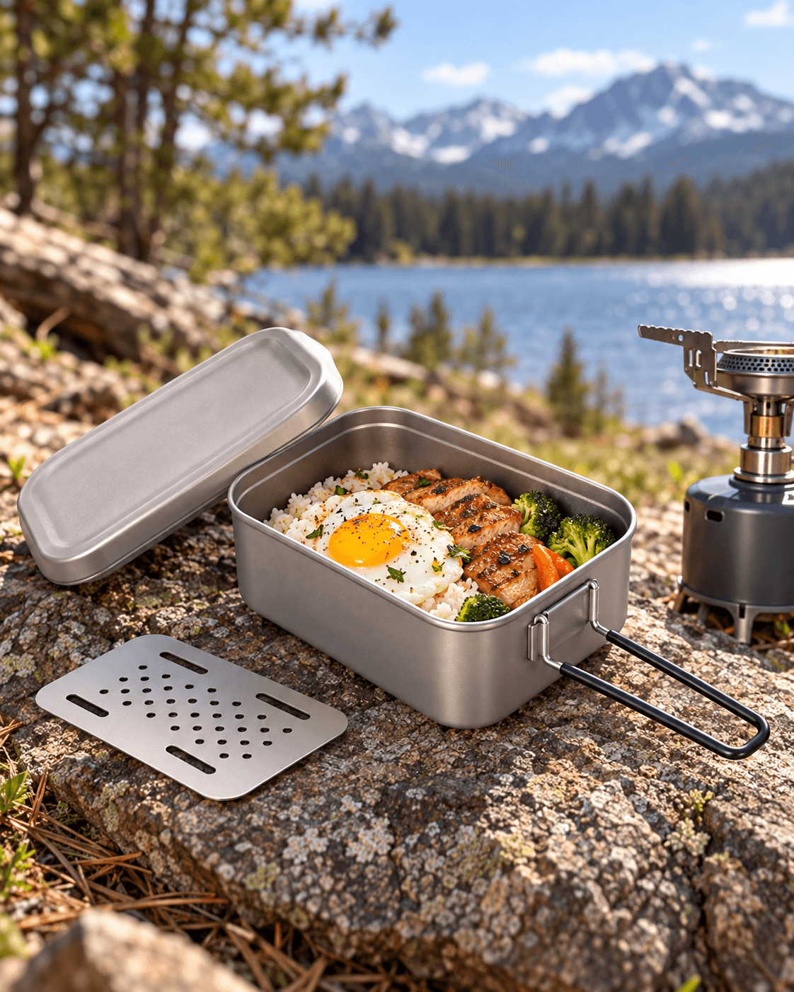 Titanium mess tin lunch box in an outdoor setting