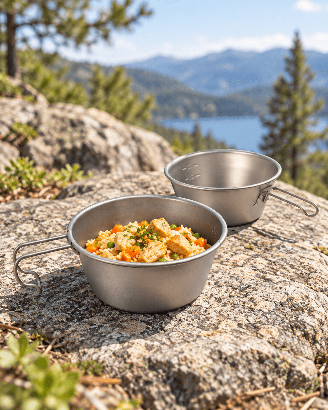 Titanium Sierra cups and bowls on a rocky outdoor surface