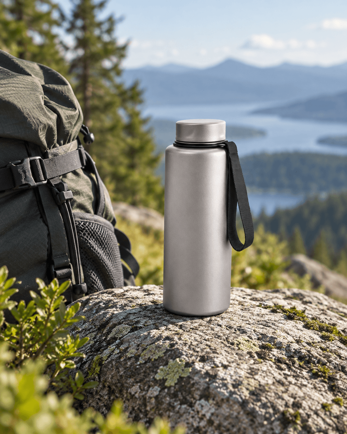 Titanium sporting bottle beside an outdoor pack