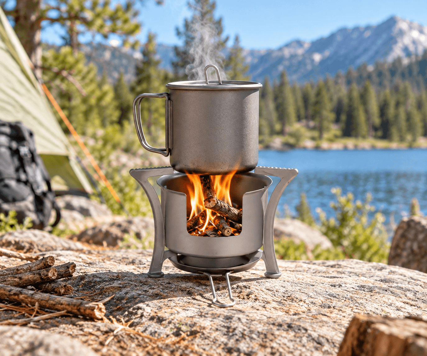 Titanium camping stove and cup in a controlled outdoor use scene