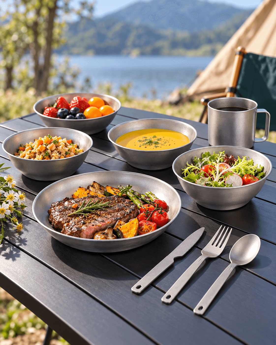Titanium plates, bowls, and dishes arranged for outdoor dining