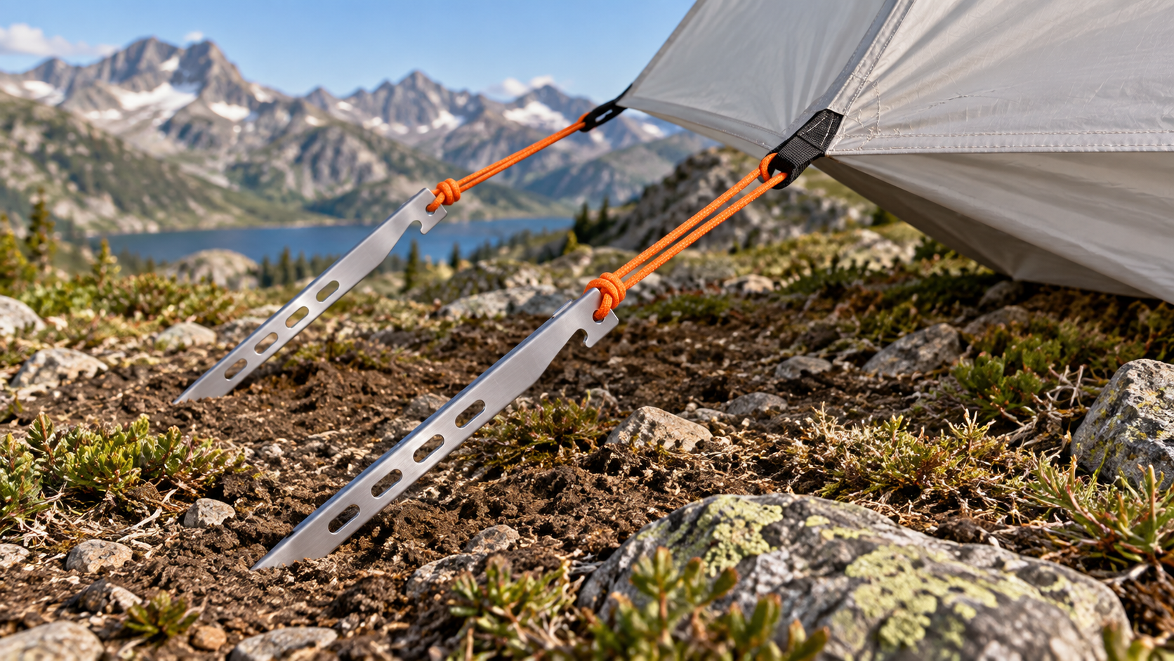 Titanium tent stakes in an outdoor ground setting