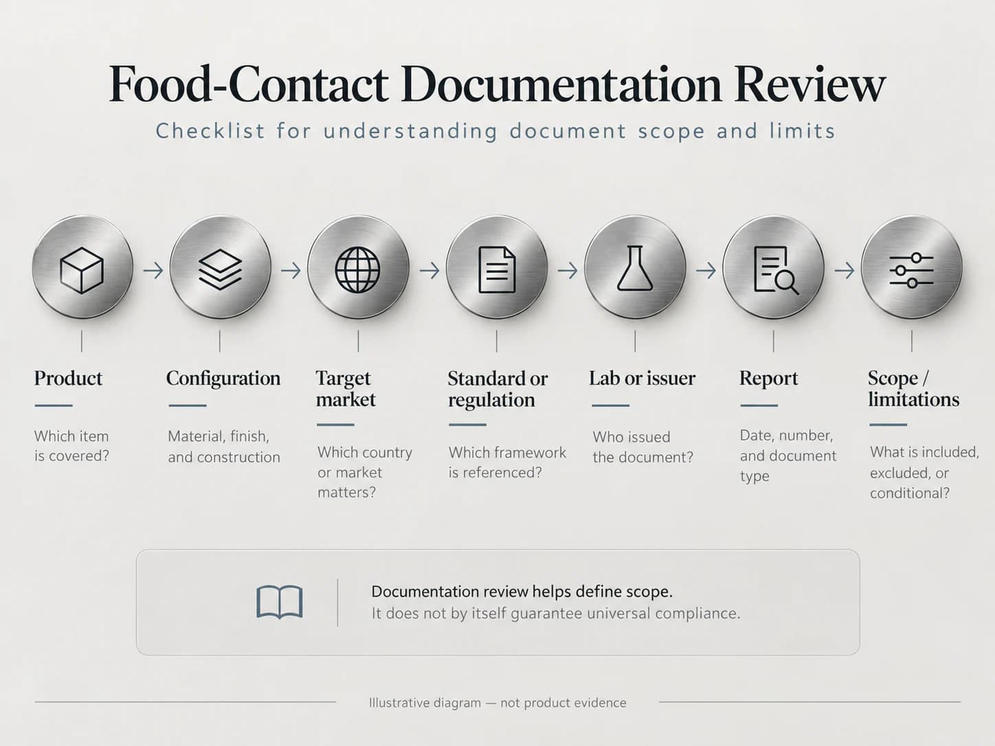 Illustrative food-contact documentation review checklist from product through report scope and limitations