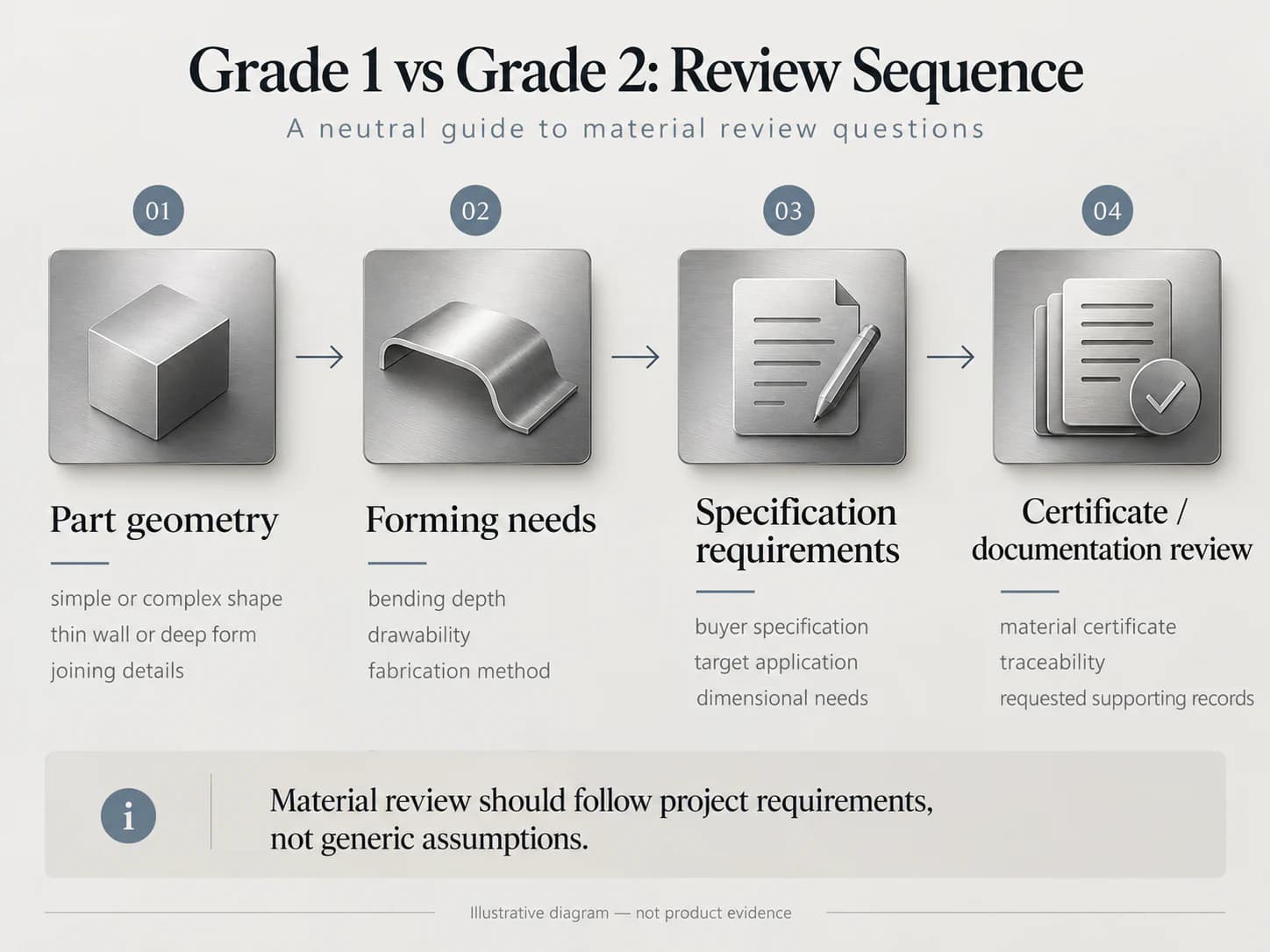 Illustrative four-step material review sequence: geometry, forming needs, specification requirements and certificate review