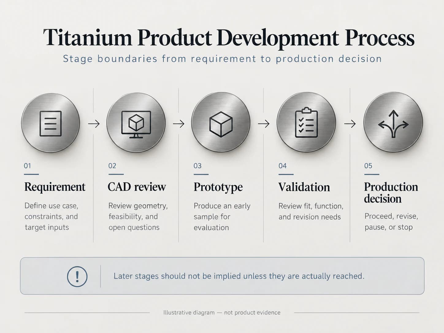 Illustrative five-stage path from requirement through CAD review, prototype, validation and production decision