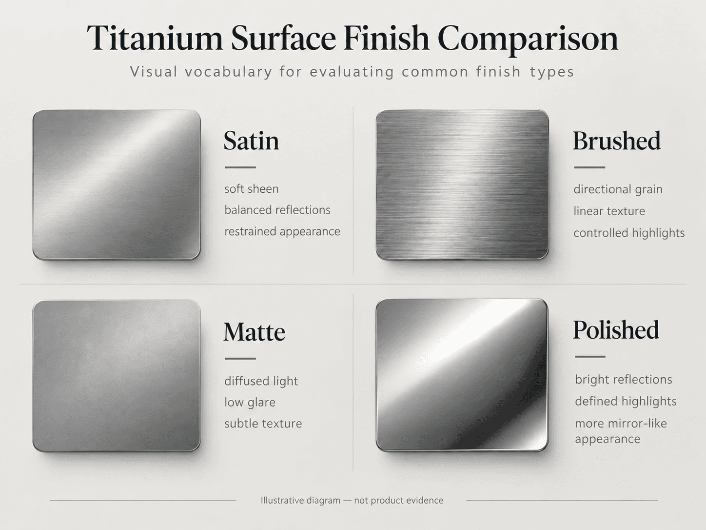 Illustrative comparison of satin, brushed, matte and polished metal surface appearances