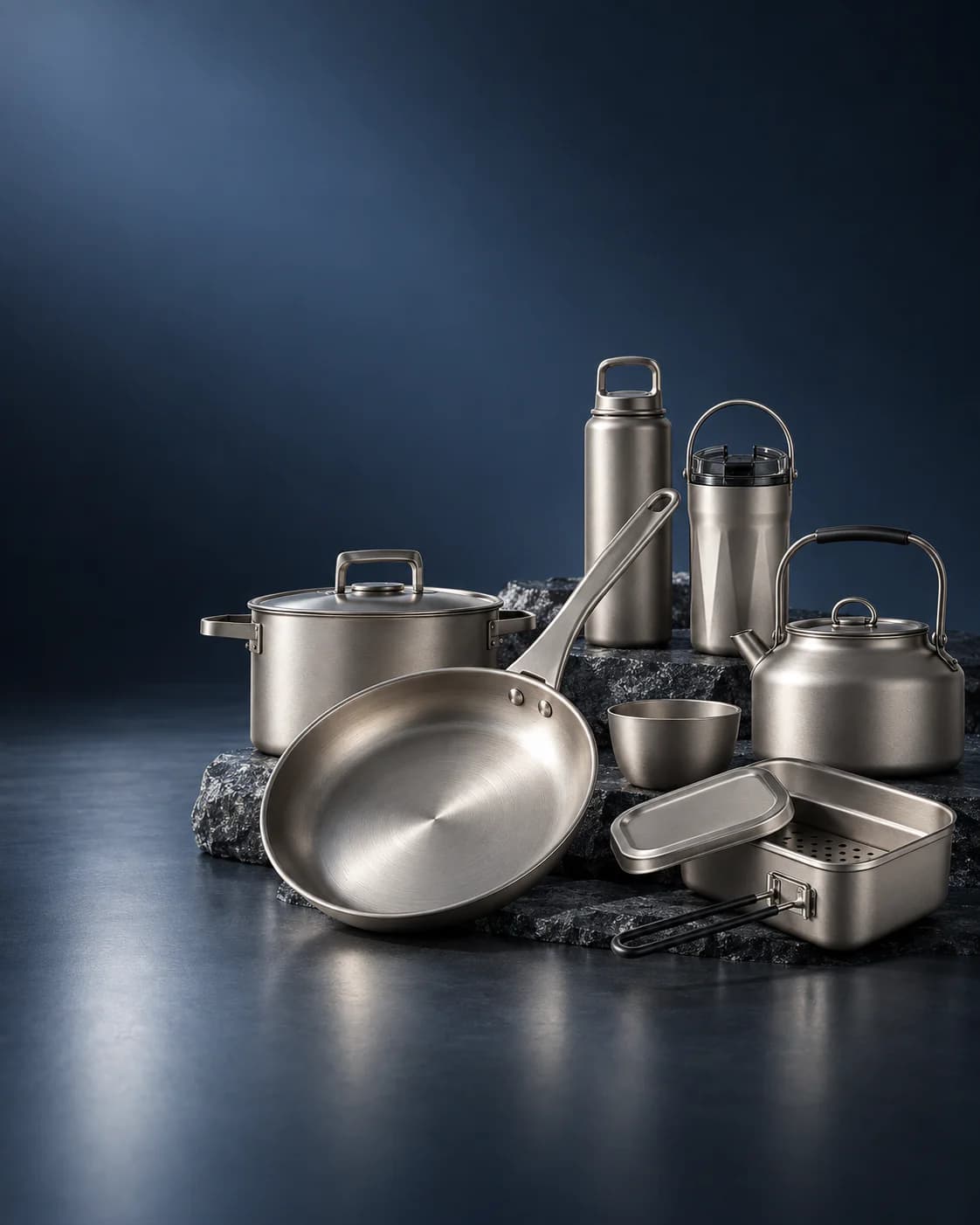 AI-generated illustrative visual of titanium cookware and drinkware on a dark studio background