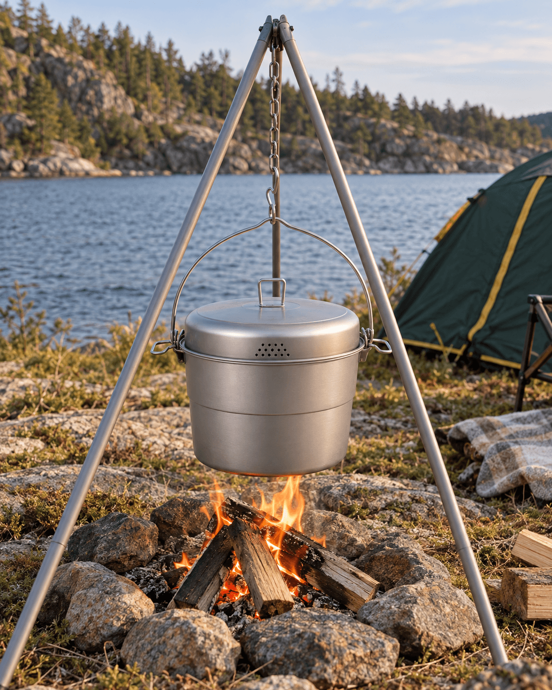 Large titanium hanging pot suspended over a campfire