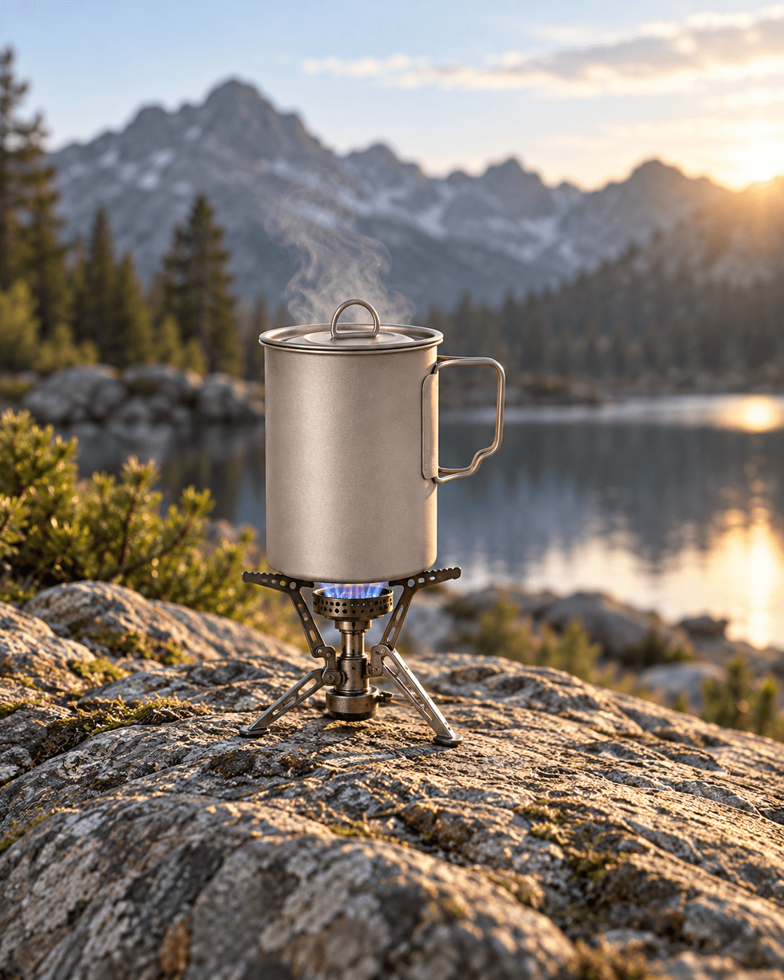 Titanium Soloist cooking cup on a compact camp stove